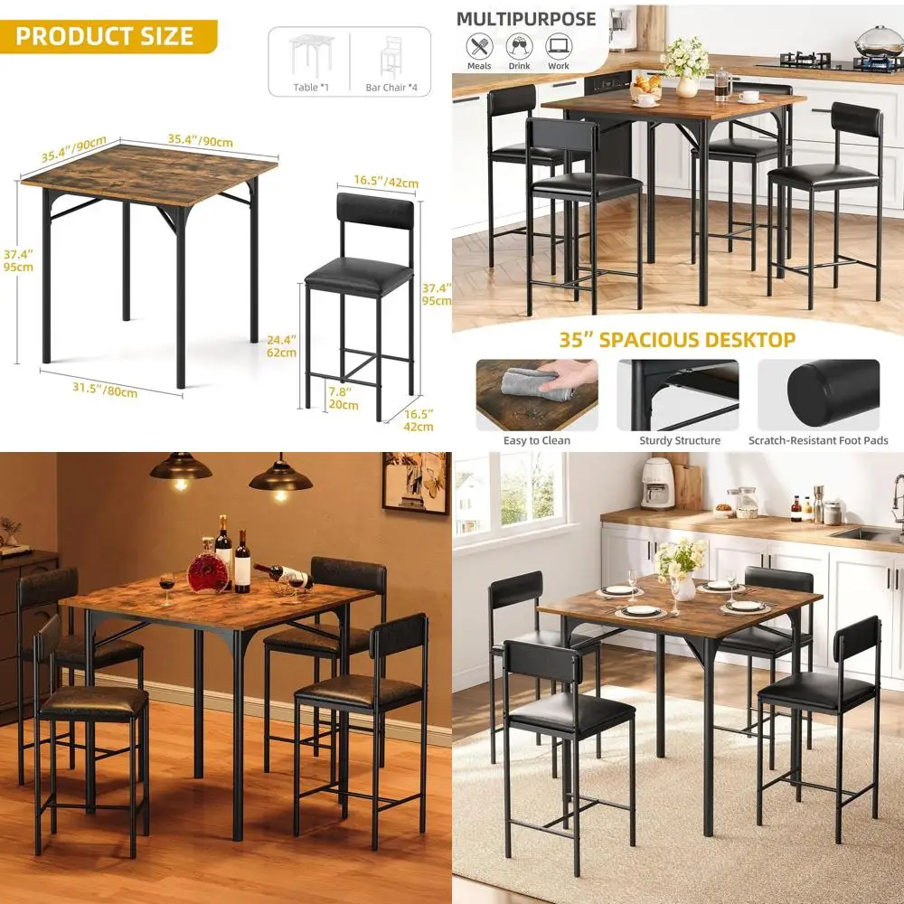 

Обеденный комплект из 5 предметов для барной стойки с 4 барными стульями, коричневый, для небольших помещений, в индустриальном стиле