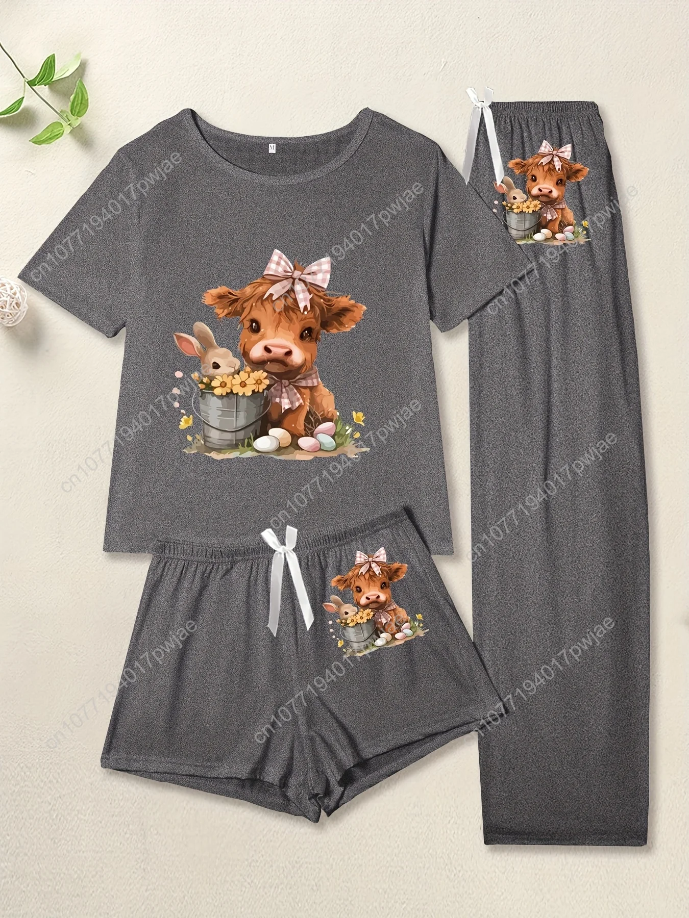 

[Повседневный пижамный комплект] Пижамный комплект из трех предметов с принтом коровы Хайленд | Женский повседневный топ с короткими рукавами и шорты или длинные брюки для весны