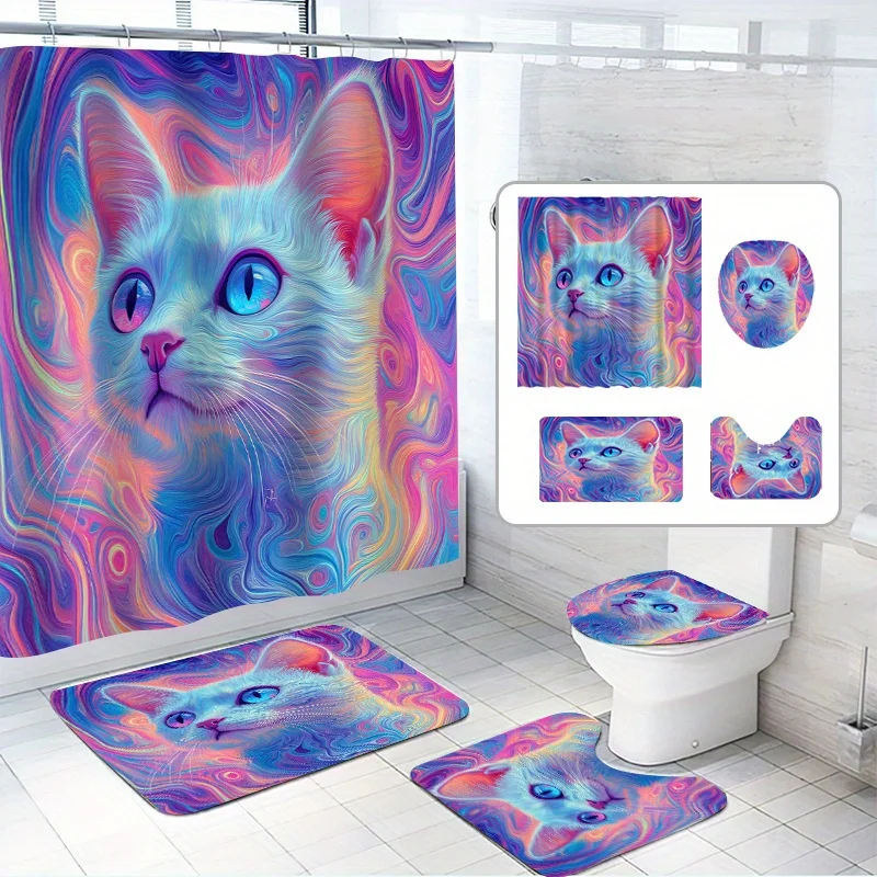 

4pcs Vibrant Blue-Eyed Cat Shower Curtain Set with Polyester Fabric, Non-Slip Bathroom Mat, Decorative Bathtub Divider, Toilet