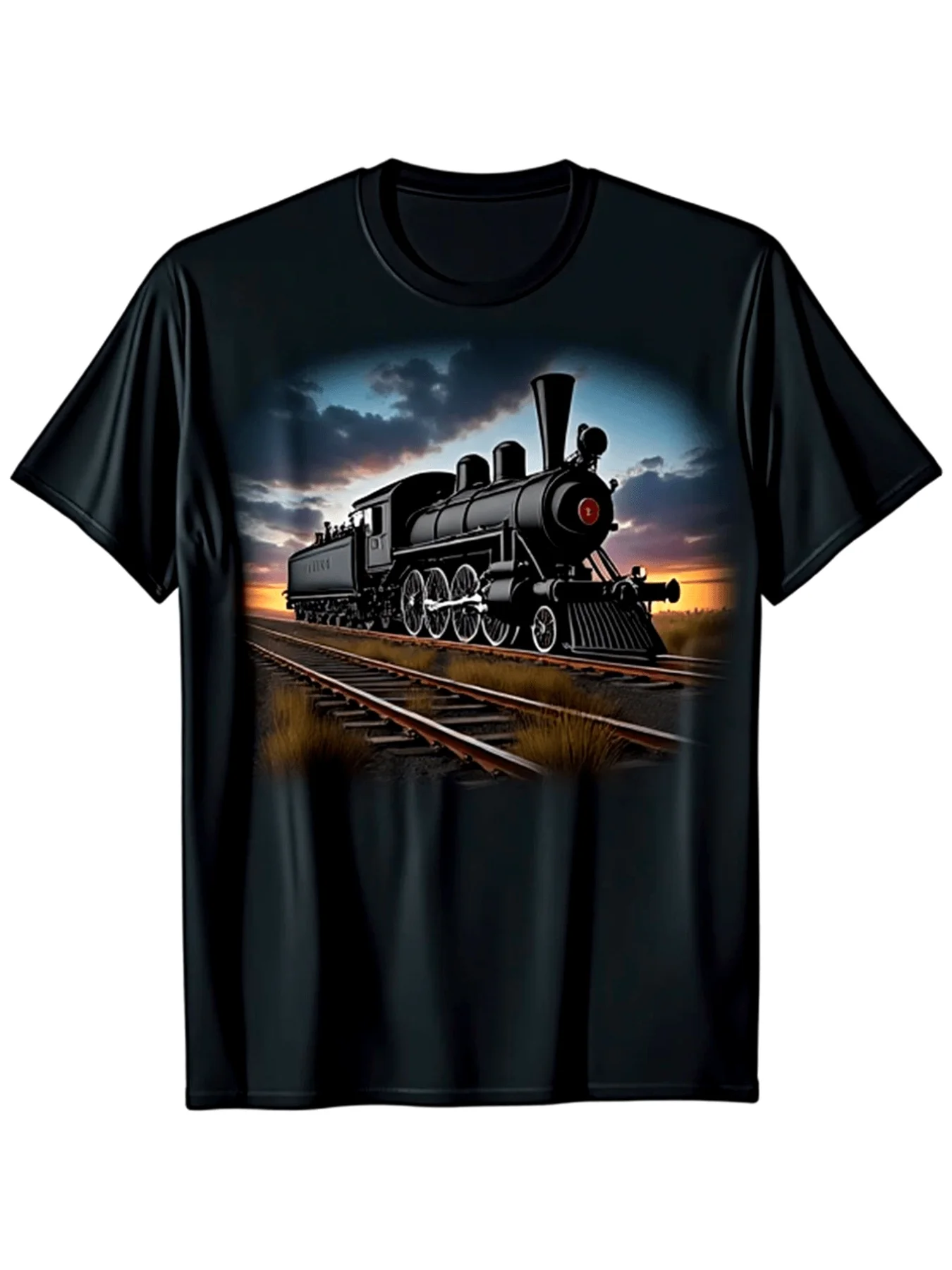 Men'S Vintage Steam Train Graphic T-Shirt, Black Retro Locomotive Tee with Tracks Design, Soft Breathable Knit Fabric, Crew Neck, Regular Fit, Machine Washable