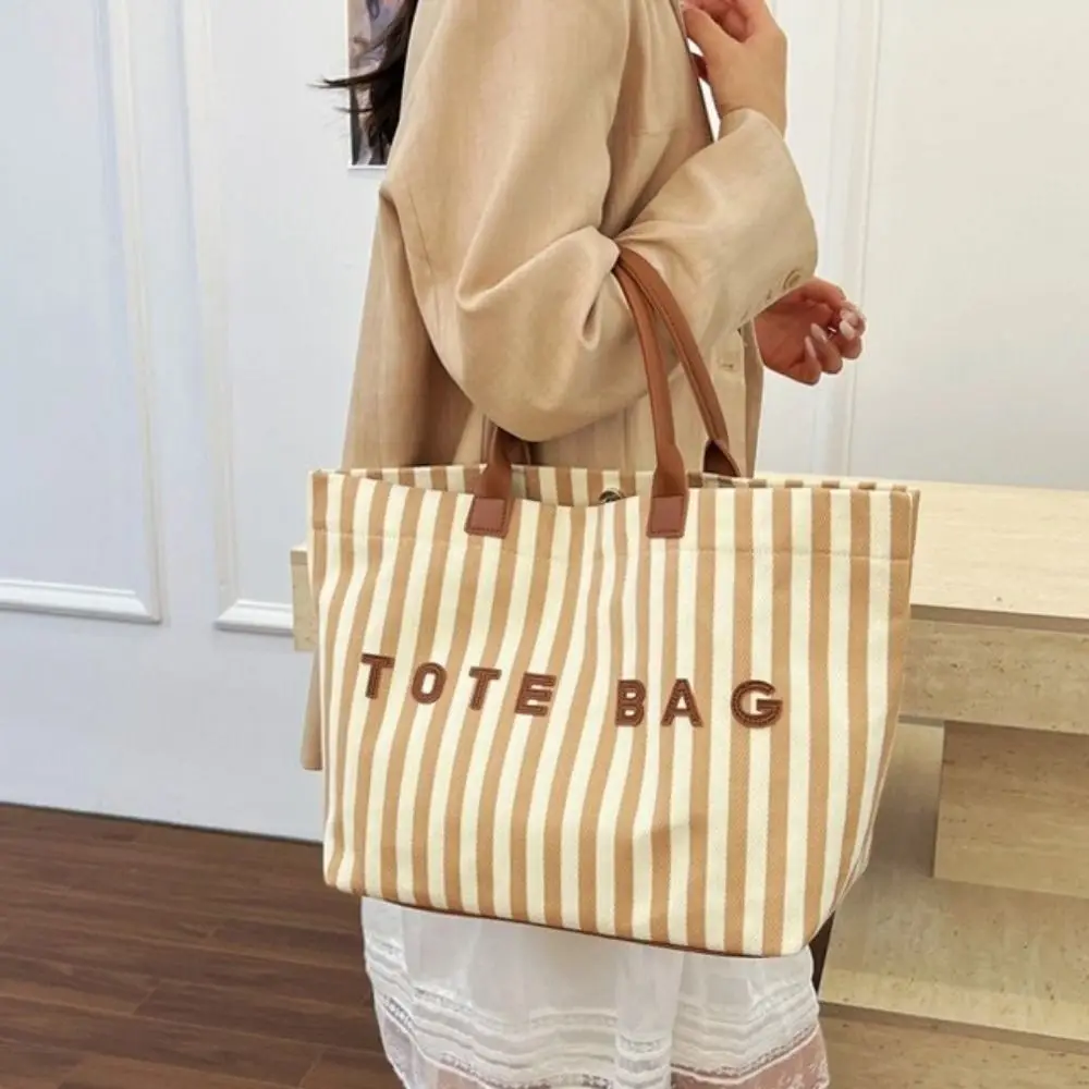 

Casual Large Capacity Striped Canvas Tote Bag Striped Canvas Women's Handbag Lightweight Magnetic Snap Shoulder Bag Beach