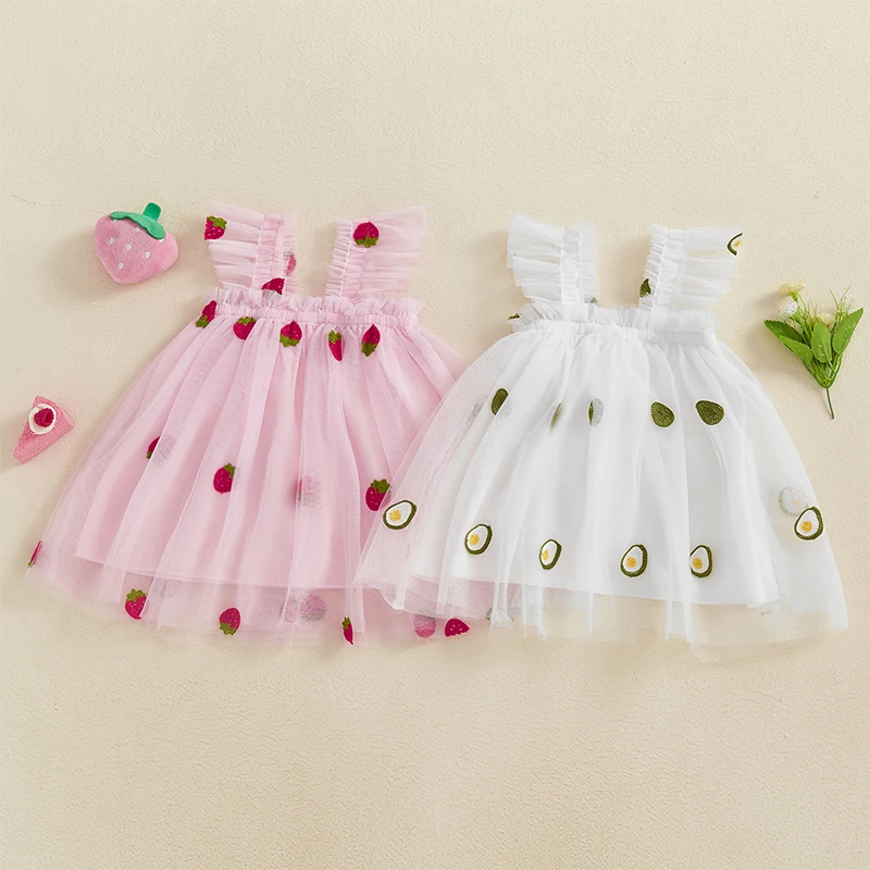 Toddler Kids Baby Girl Tulle Dress Sleeveless Square Neck Fruit Embroidery Mesh Dress Toddler Party Dress