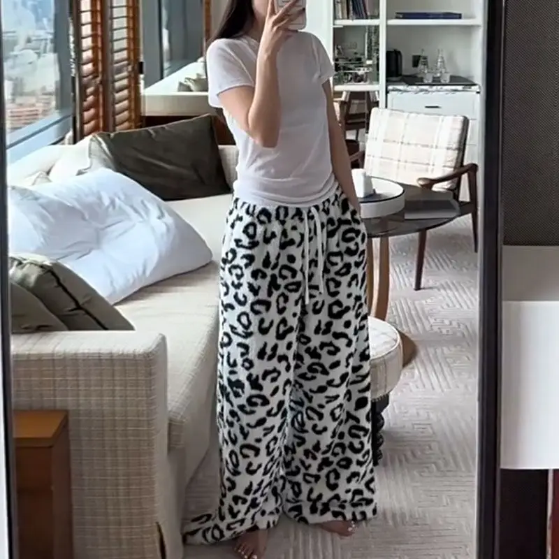Deeptown White Leopard Women Fleece Pants Wide Leg High Waist American Retro Straight Pajama Trousers Baggy Casual Thick Winter