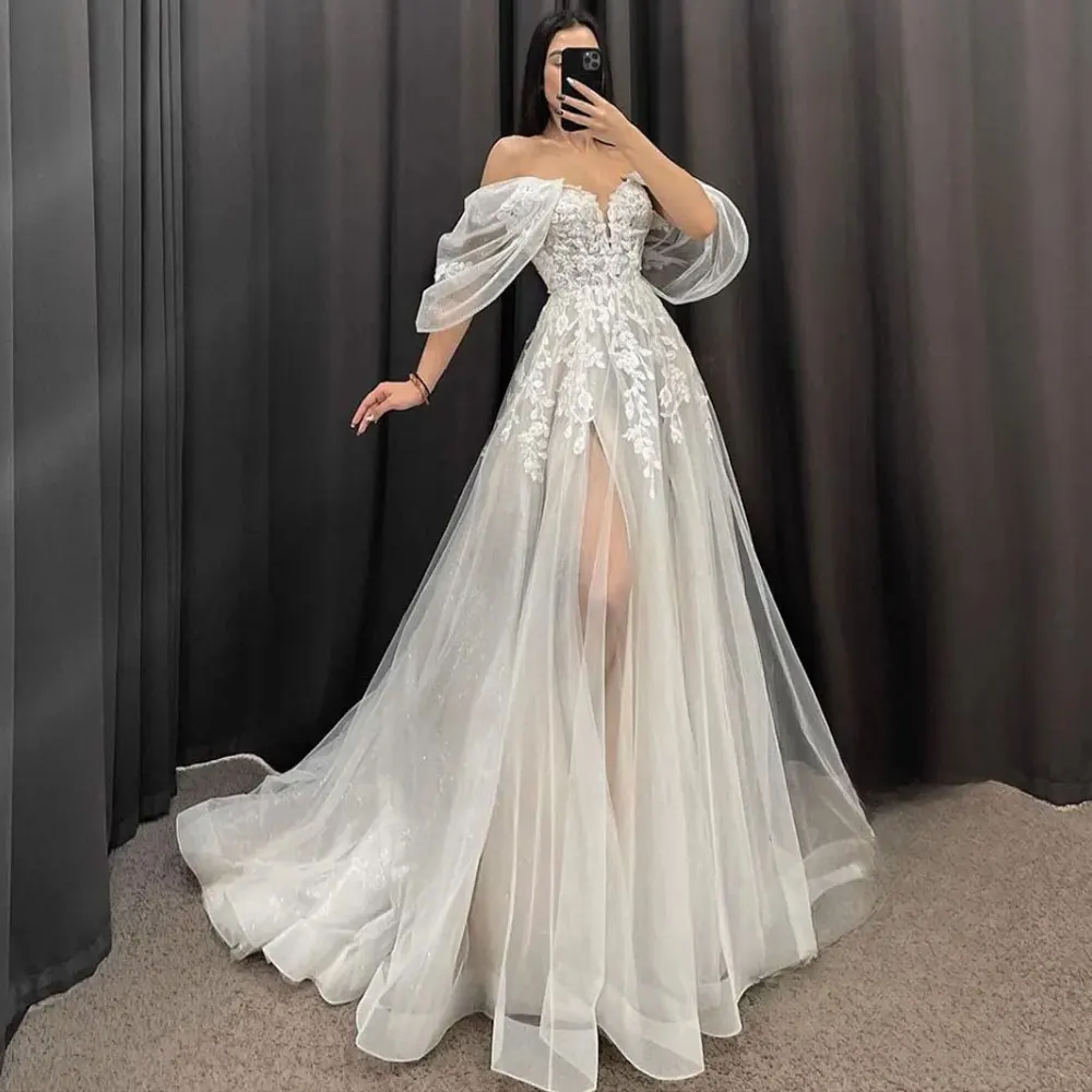 

Illusion A-Line Wedding Dresses Women V-Neck Princess Half Sleeves Bride Gowns Thigh split See Through Sweep Train Lace Applique