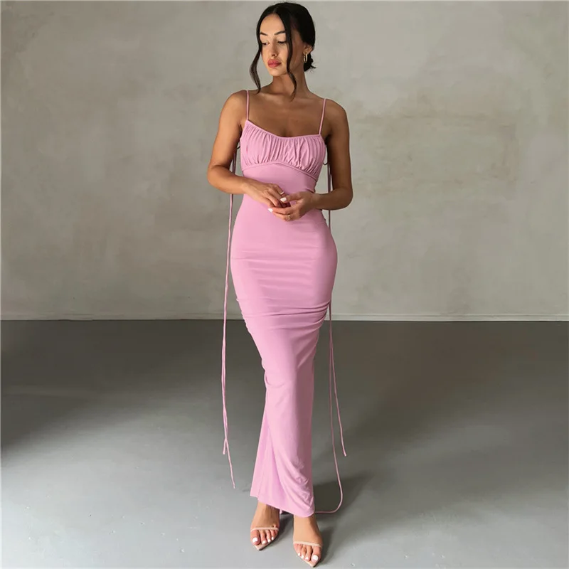 Summer sexy pleated solid color strap with perspective high slit backless sleeveless long skirt