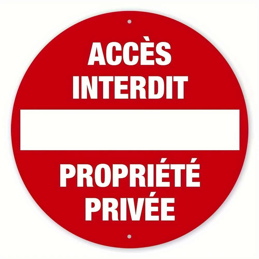 Panneau rond en aluminium vintage français sans entrée/propriété privée, 20,32x20,32 cm, rouge avec texte blanc, décoration murale extérieure