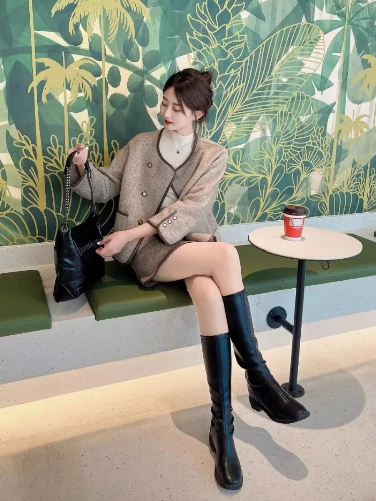 Insozkdg Autumn Fashion Skirt Suits Small Fragrant Style This Year's Popular Deep Winter Tweed Blazer + Half Skirt Two Piece Set