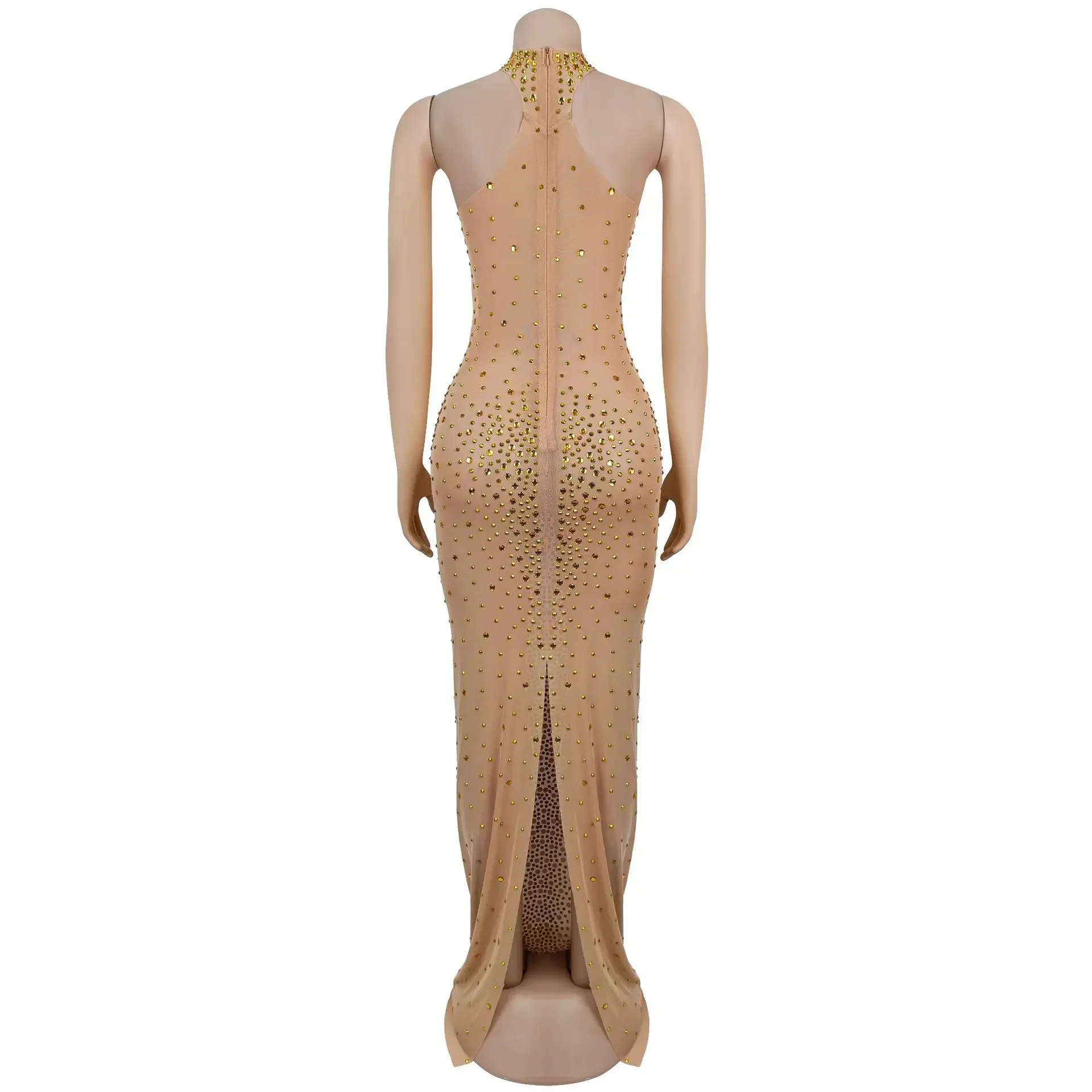 المرأة بلا أكمام الياقة المدورة الساخن الراين Bodycon فستان ماكسي مثير نادي حفلة كوكتيل عيد ميلاد مساء فستان طويل #6