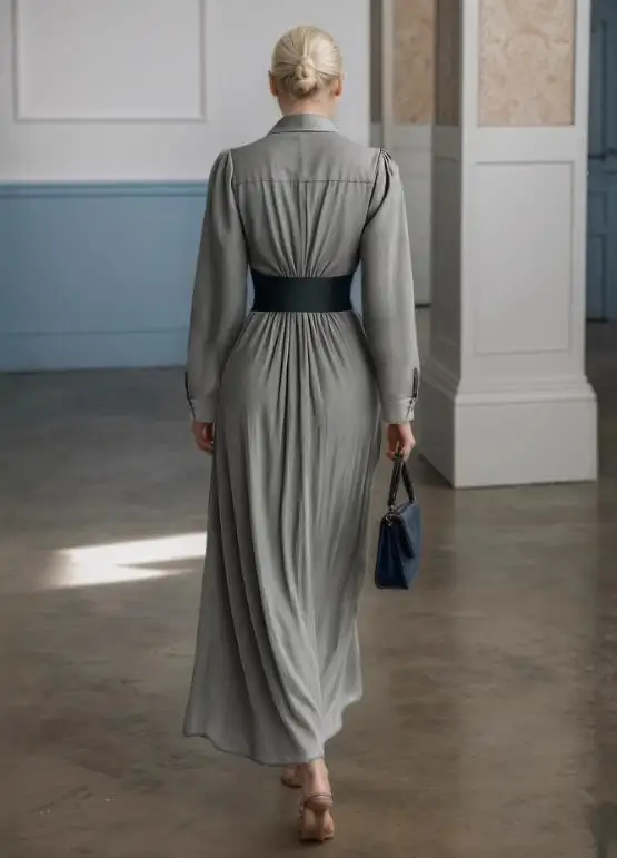 

Fashionable Flip Collar Buckled Shirt Skirt Set Spring Autumn New Style with Belt Dress for Women