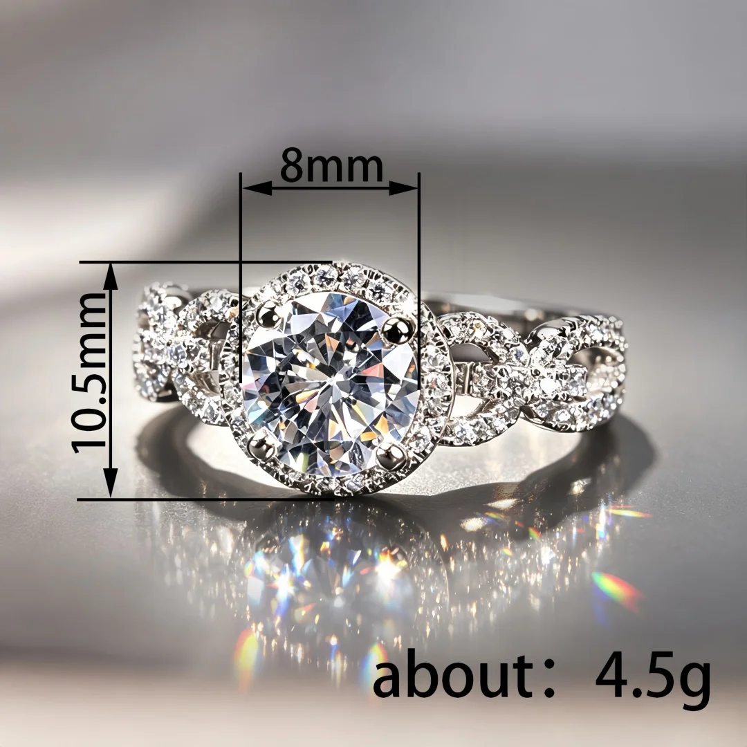 925 Sterling Silver Light‑Luxury Fashion Four‑Prong Round Halo Full‑Diamond Engagement Ring for Women