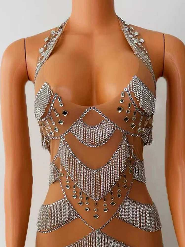 고품질 라인 석 술 섹시한 목 매달려 탄성 드레스 2025 새로운 패션 사용자 정의 여성 의류