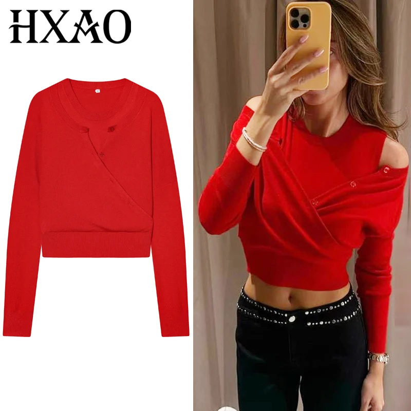 

HXAO укороченный красный пуловер, женский свитер, вязаные свитера и джемперы, многослойный легкий облегающий трикотаж с длинными рукавами, пуловер в корейском стиле