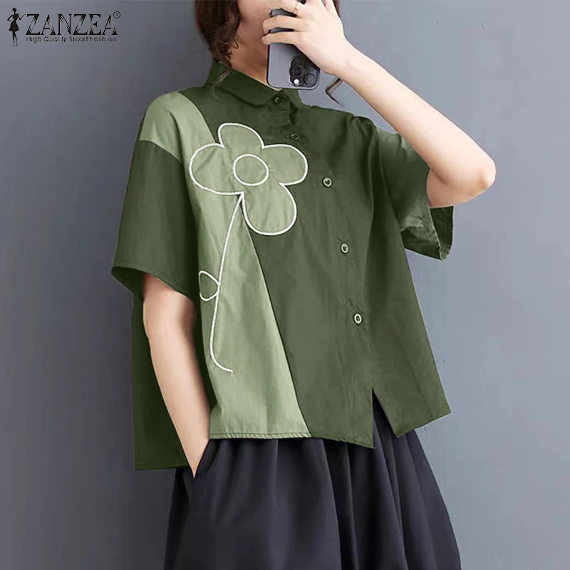 2025 ZANZEA camisas Retro Colorblock moda verano túnicas de manga corta calle coreana blusa con bordado Floral Casual solapa Tops