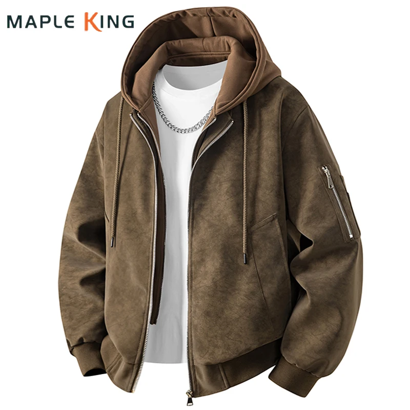 Fake Two Pieces Double Zipper Designer Hooded Jacket Man High Quality PU Leather Unisex Loose Punk Motorcycle Jacket Streetwear