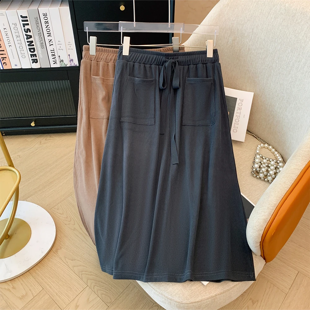 Plus size women's spring and autumn casual loose high-waist skirt simple elastic waist mid-long A-line skirt 2024 new clothing