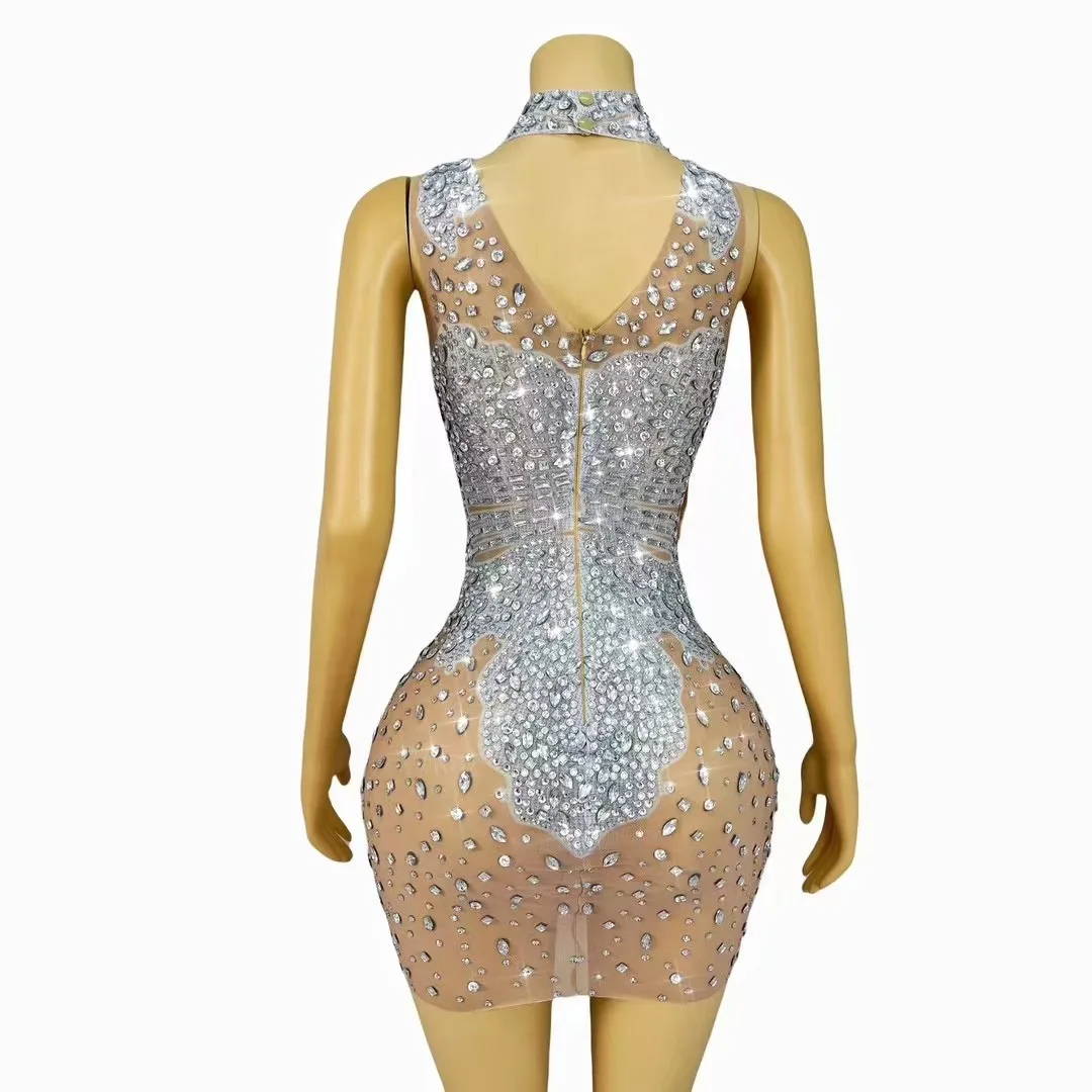 Luxury Blingbling Rhinestones Elegant Gown Mesh Package Hip Dress Women Cocktail Birthday Party Evening  Performance Costume