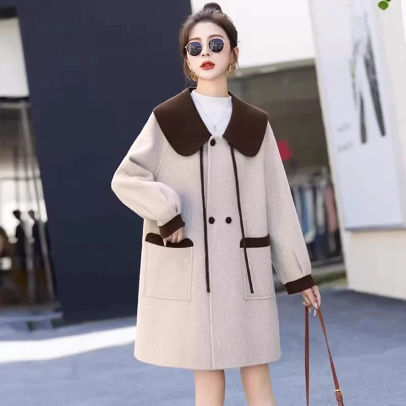 

Women's Korean Style Mid-Length Loose Woolen Coat Autumn 2026 Fashion Casual Outwear Color Matching All-match Doll Collar