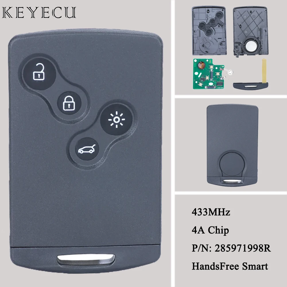 Keyecu For Renault Clio IV Captur 2009-2019 Passive Keyless Go Smart Remote Car Key Fob 433MHz With 4A Chip P/N: 285971998R