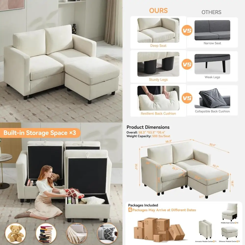 Comfy Chenille Loveseat Modular Sectional Sofa with Storage, L-Shaped Couch for Office or Living Room