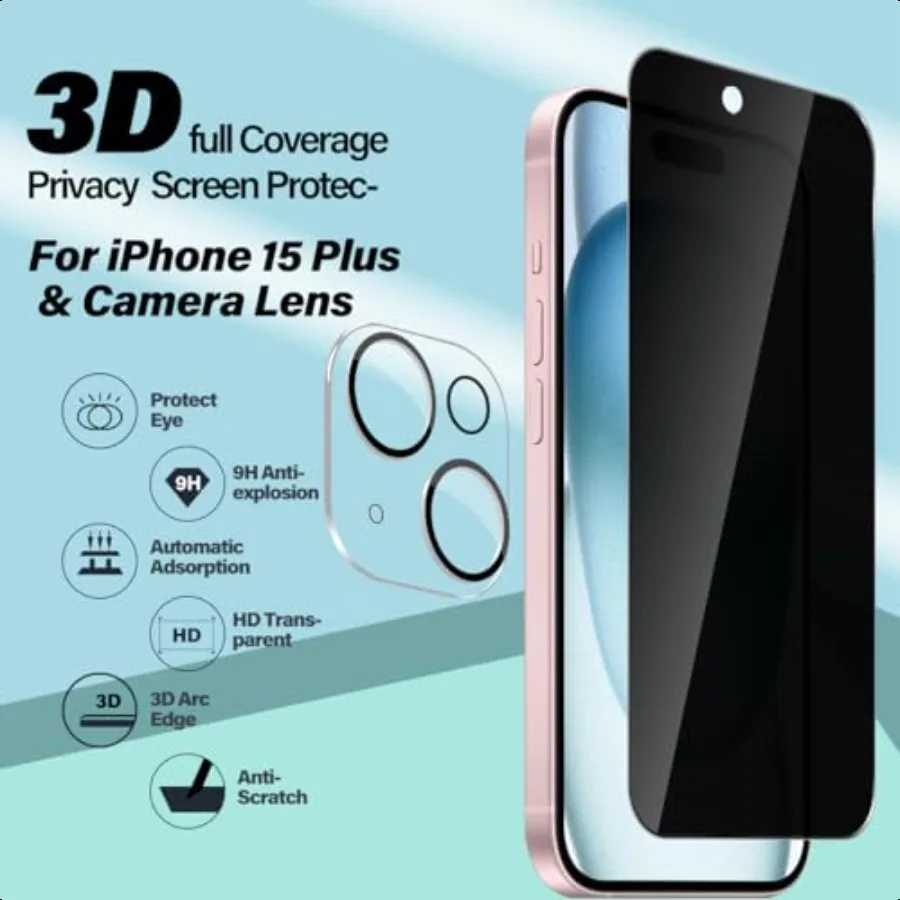 BIGFACE untuk iPhone 15 Plus Pelindung Layar Privasi + Pelindung Lensa Kamera [2 + 2 Paket] Kaca Tempered Privasi HD Premium Ant