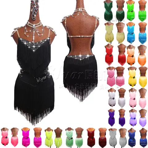 New Custom Latin Fringe Dance Dress Competition Costume Performance Dress Rhinestone Adult Children Various Colors LILYAR