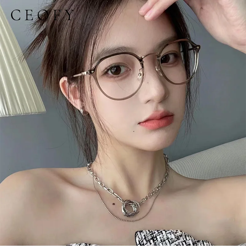 Ceofy Women TR Titanium Glasses Frame Myopia Fashion Brand Design Round Olive Green Women Optical Eyglasses High Quality