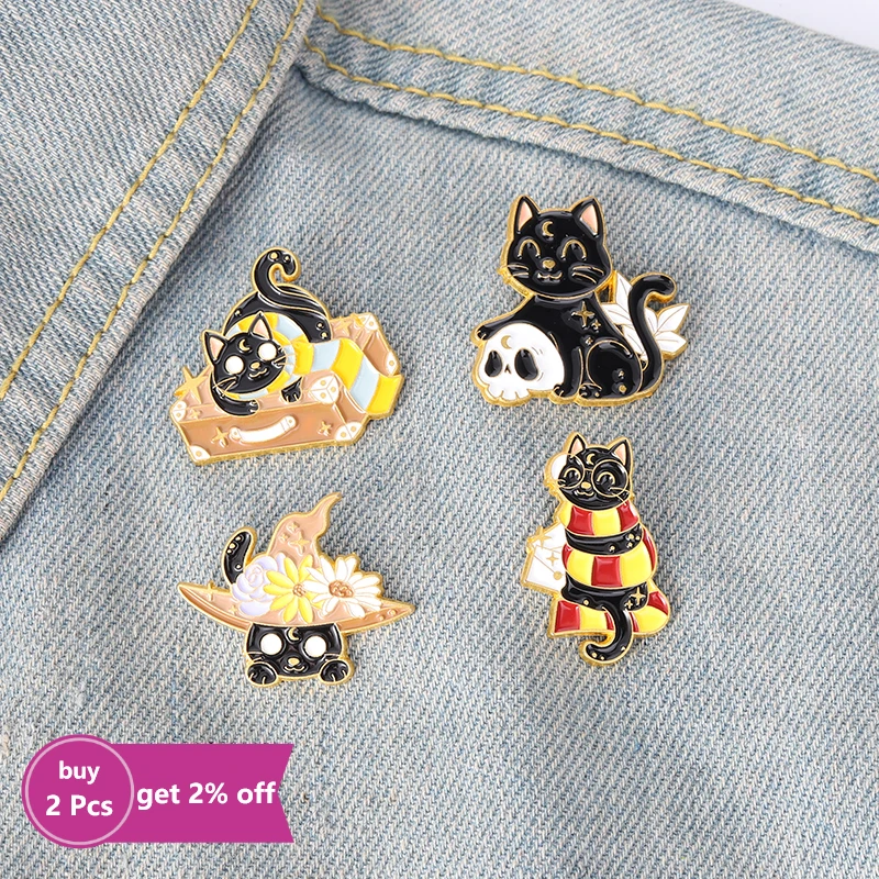 Halloween Cats Enamel Pins Black Witch Punk Magic Skull Cape Brooches Metal Badge Gift for Women Men Kids Festival Decorations