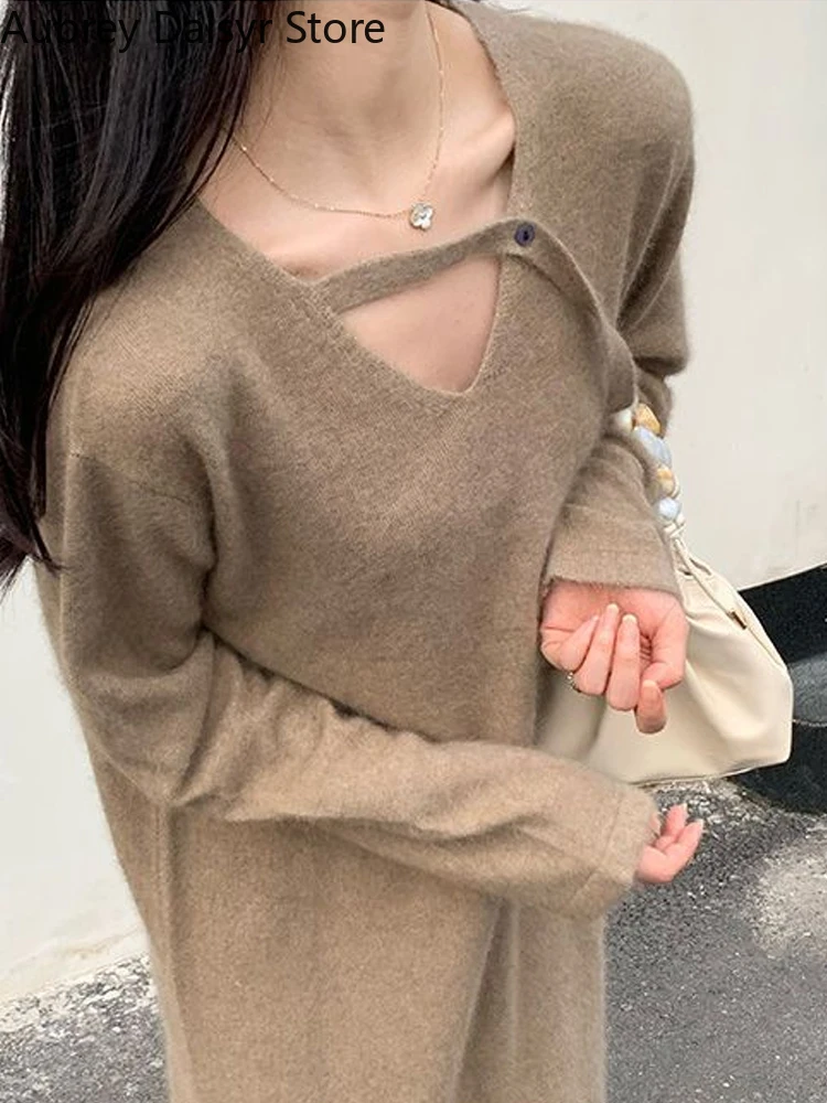 Korean Elegant Red Knitted Dress Women Winter Vintage Irregular V-neck Sweater Dress Casual Fashion Christmas Party Dress New In