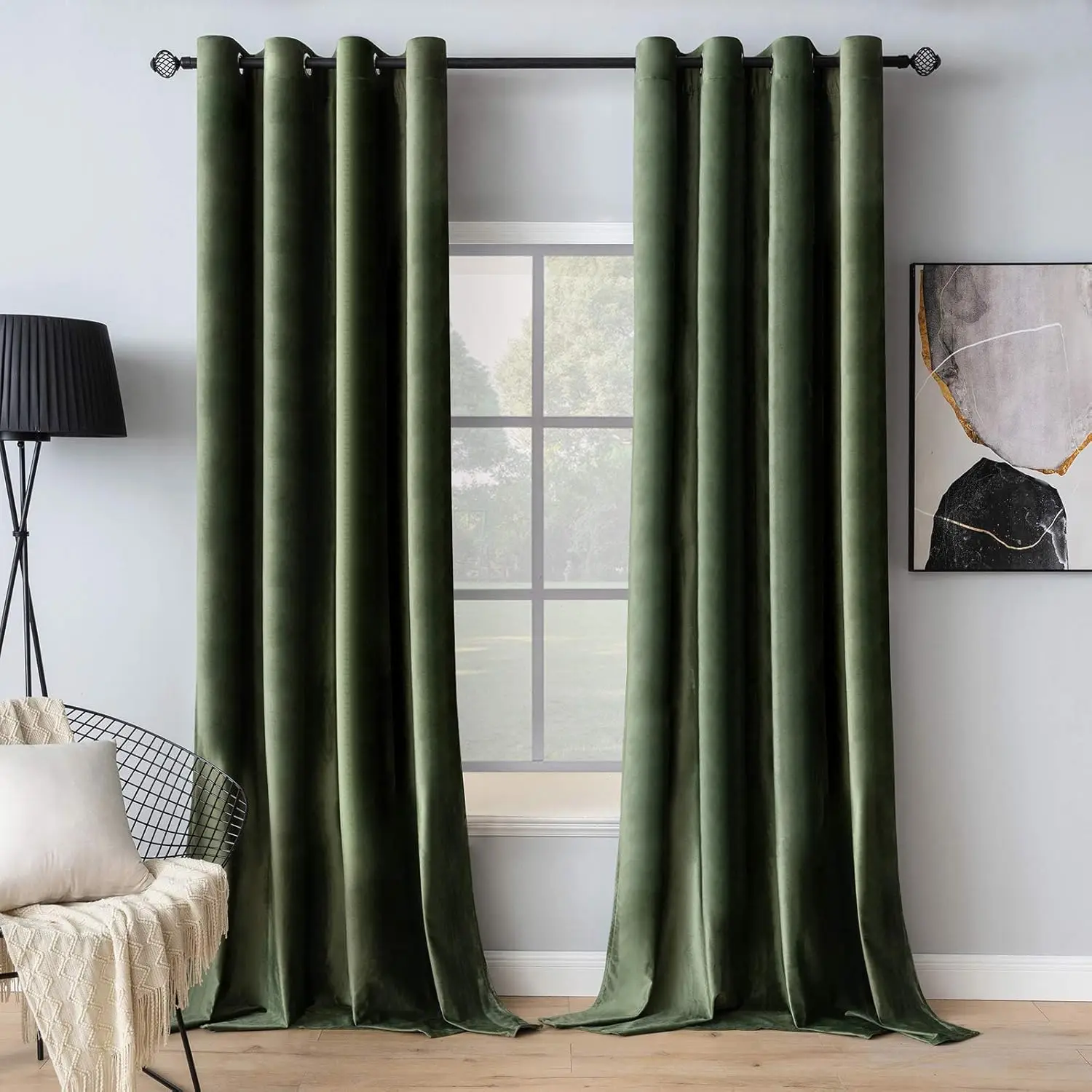 

Velvet Curtains Olive Green Elegant Grommet Curtains Thermal Insulated Soundproof Room Darkening Drapes for Classical Li