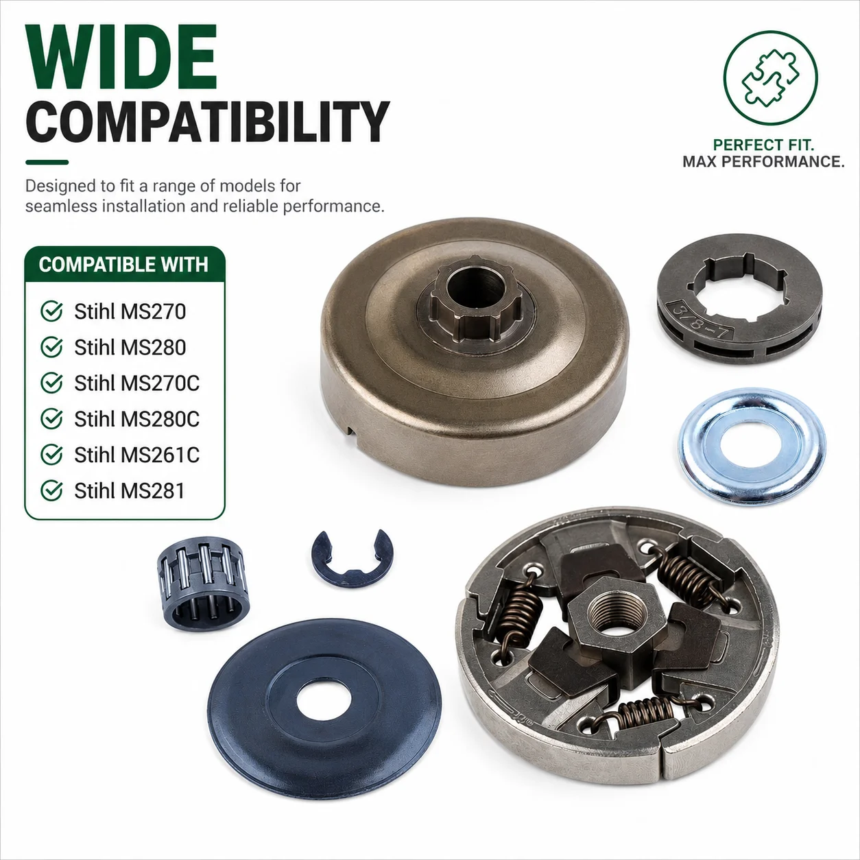 3/8 7T Sprocket Clutch Drum Bearing Kit Washer Cover Replacement Parts for Stihl MS270 MS280 MS261C MS281 Chainsaw 1121 160 2051
