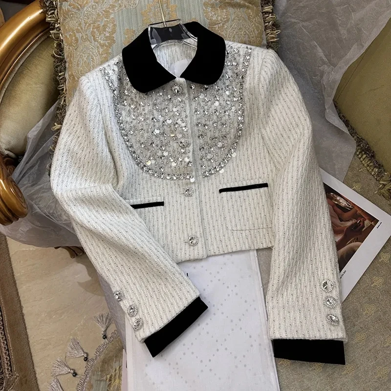 Giacca di Tweed con decorazione di strass primaverili per le donne cappotto di paillettes femminile elegante squisito autunno Trendy capispalla per