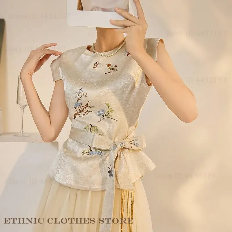 

Exquisite Embroidery Cheongsam Blouse Traditional Chinese Tang Clothes Tops Silky Satin Shirt Summer Short Sleeve Hanfu Top