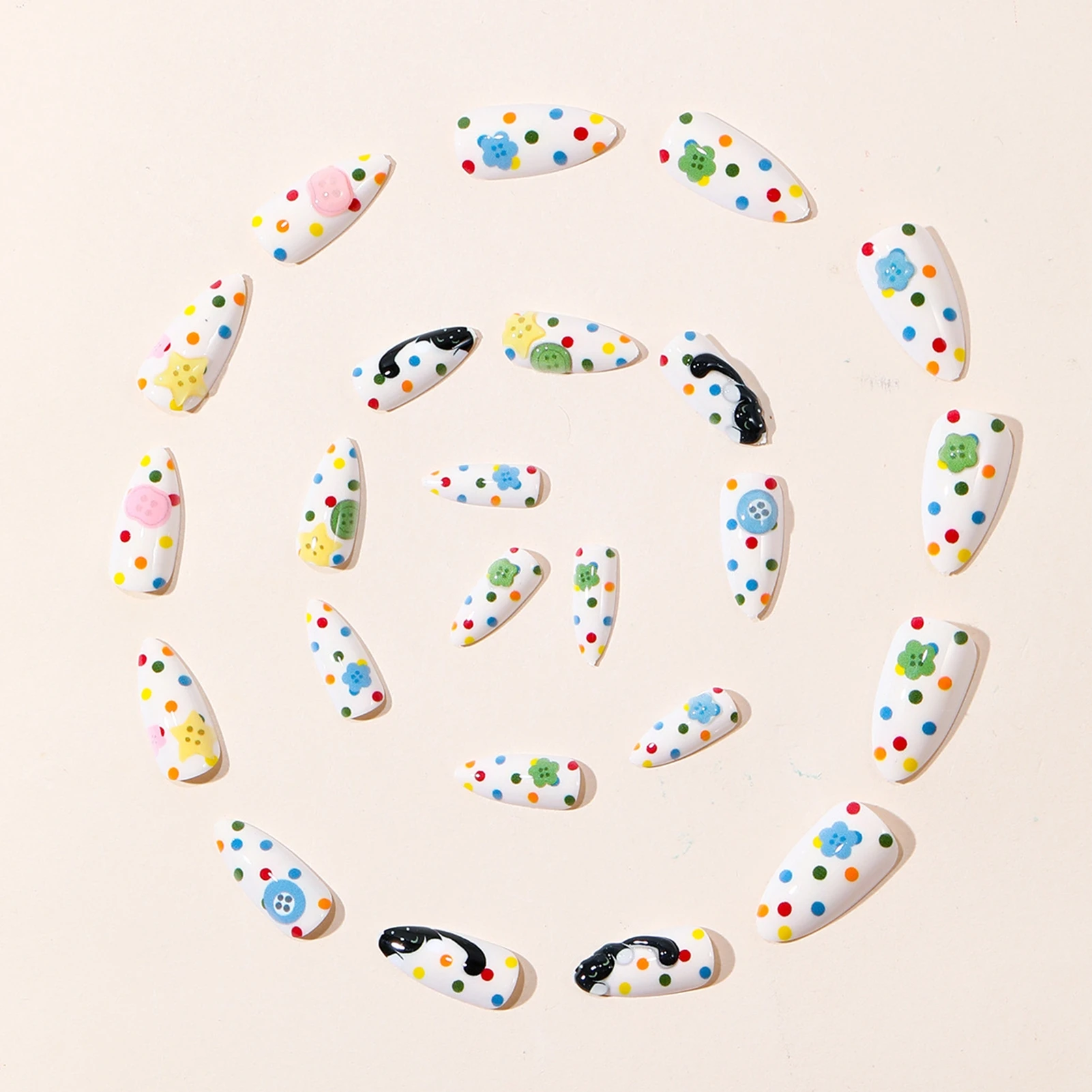 24pcs Coloful Polka Dot Fake Nails Cute Cartoon Black Cat Star Flower Button Decor Press On Nails White Almond Korean False Nail