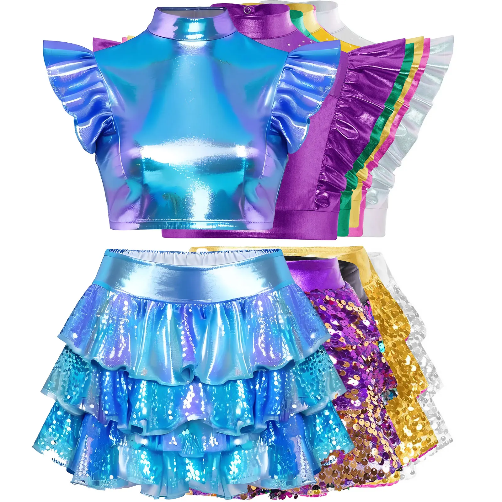 

Детская танцевальная одежда в стиле хип-хоп для девочек, детский трикотаж, многоуровневая юбка с блестками, длинная майка, джазовый металлический голографический укороченный комплект для черлидинга