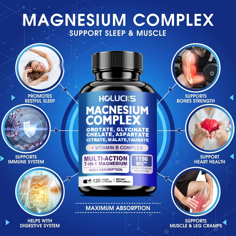 Magnesium Complex 1000MG Supplement, Chelated Magnesium Glycinate, Malate, Taurate &Citrate, with Vitamins C, E, B1, B2, B6, B12