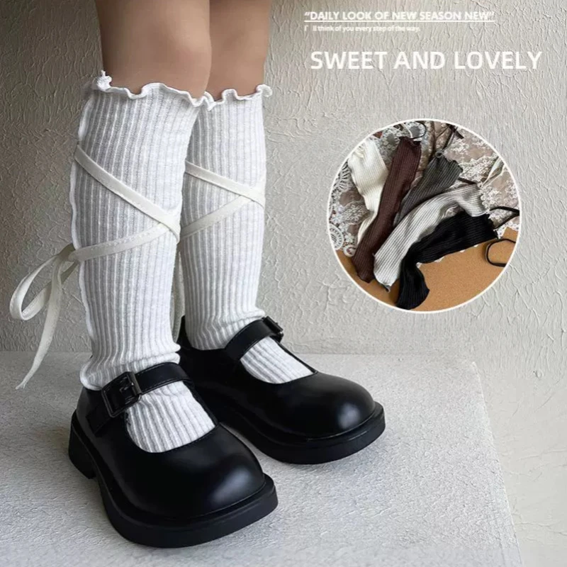 1 Pair Sweet Simplicity Kids Girl Calf Sock Long Ribbon Bow Fashion Sock for Children Spring Autumn Soft Cotton School Sock