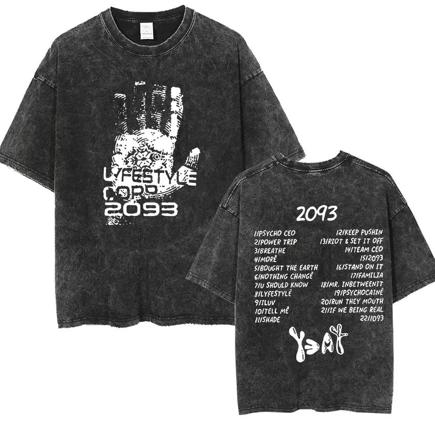 Vintage Washed Yeat 2093 Lyfestyle Mark Album T Shirts Men's Hip Hop Punk Fashion Short Sleeve T-Shirt Unisex Gothic Streetwear