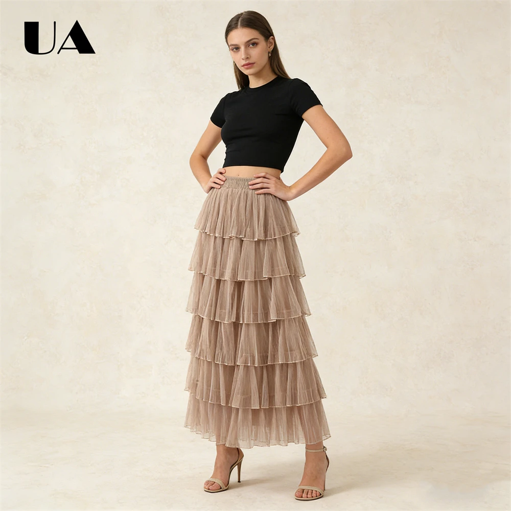 ULBYANRY Tiered Mesh 92cm Long Skirt for Women Spring Autumn Skirts, Fairy Elastic Waist Skirt Many Colors Avaliable