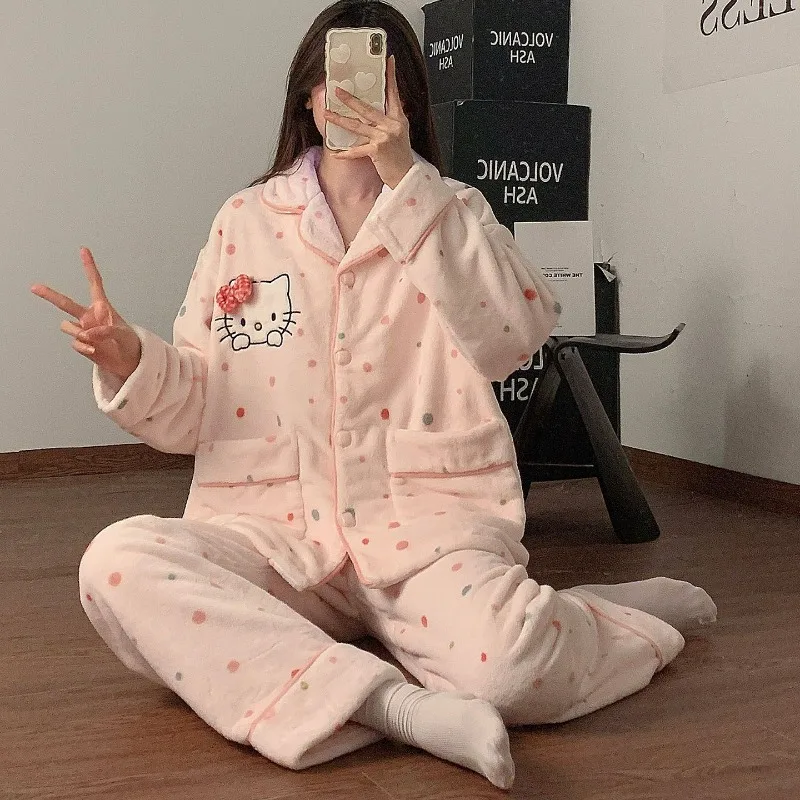 

Модные мягкие простые пижамы Hello Kitty для девочек, осенне-зимняя коралловая бархатная милая и милая фланелевая домашняя одежда, комплект из двух предметов