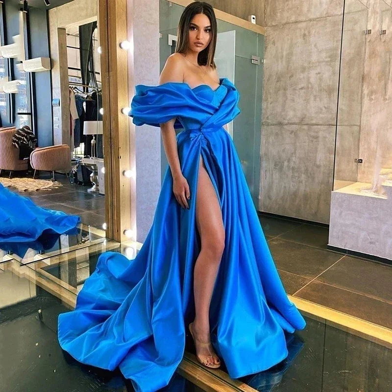 

Arabic High Slit Stain Prom Dresses Royal Blue A Line Puffy Off The Shoulder Floor Length Evening Dress For Party Robes De Soiré