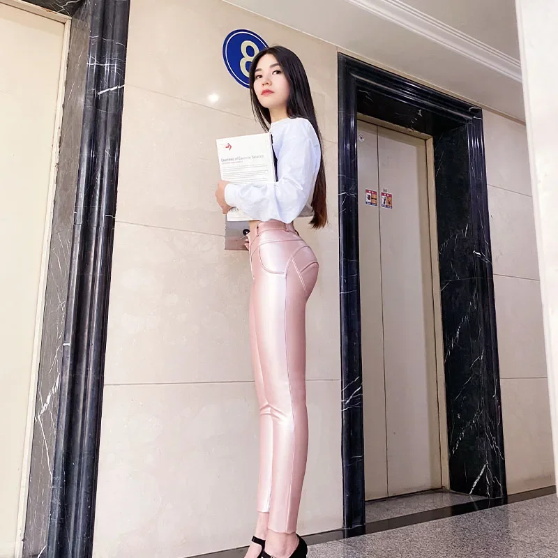 Shascullfites Melody Latex Leggings Stretch Pink Leather Pants Jeans Women Female Clothing Women's Sports Pants