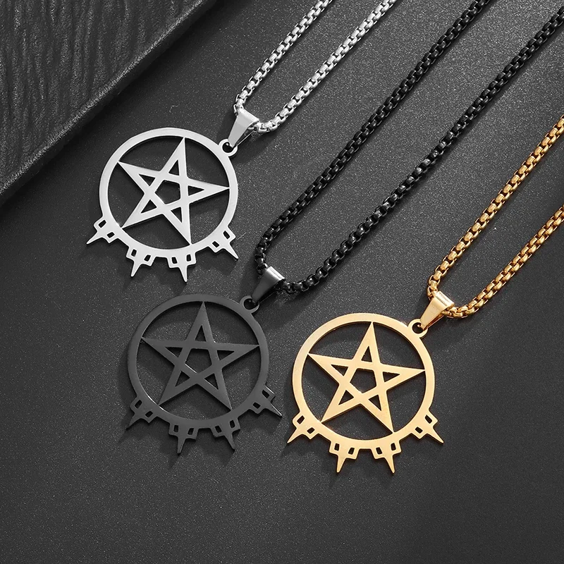 European and American Punk Style Geometric Hollow Pentagonal Pendant Necklace Stainless Steel Trendy Versatile Jewelry