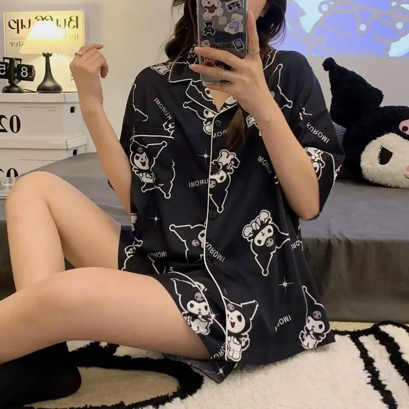 Sanrio Kuromi Pajamas Cinnamoroll My Melody Summer Short Sleeve Shorts Pattern Cartoon Home Clothes Y2K Female Sleepwear Gifts