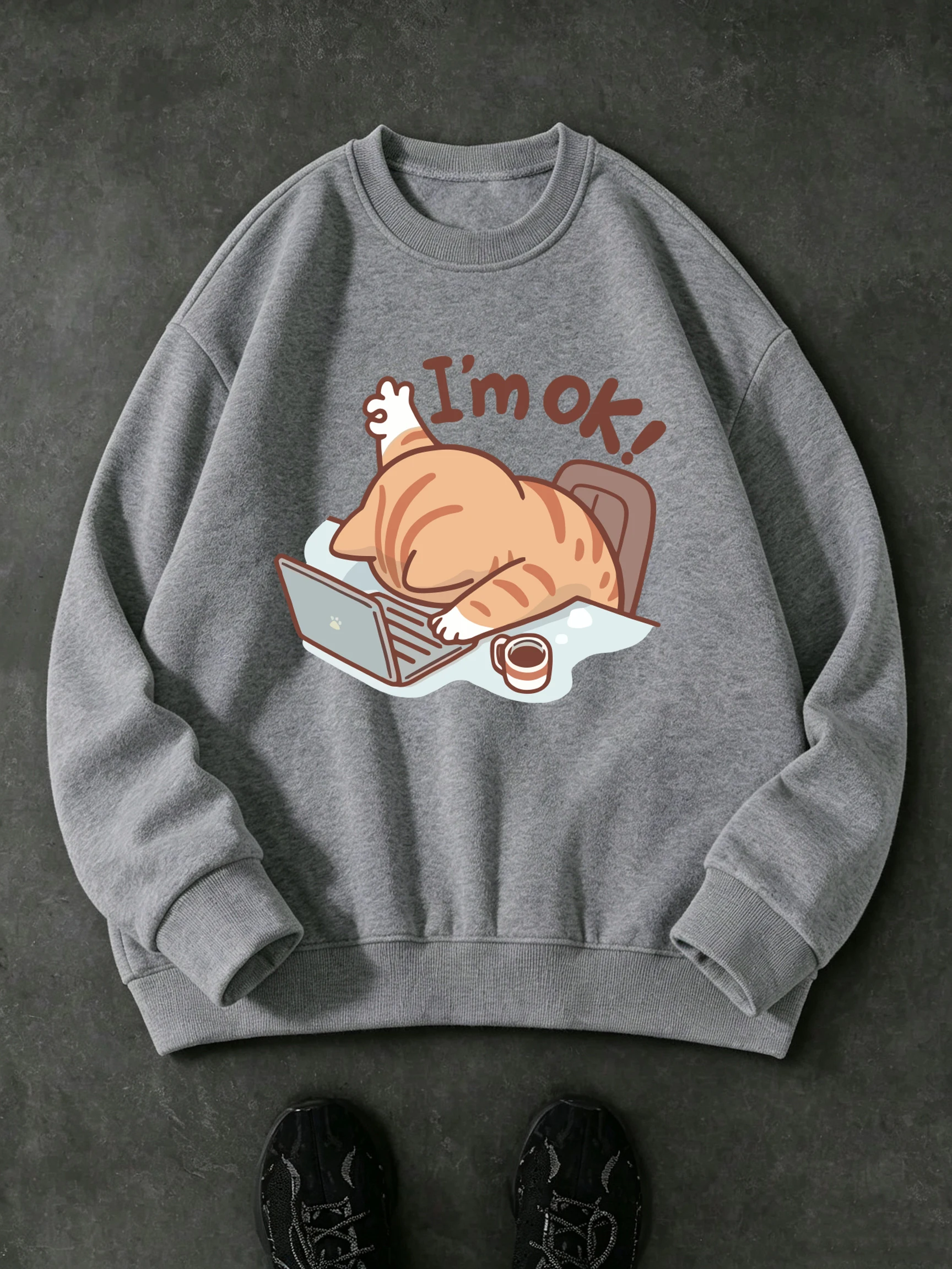 Fun Cat I'M Ok Bedrucktes Herren-Sweatshirt für den Alltag, Herbst, Hip-Hop, trendige Kleidung, O-Ausschnitt, locker, Retro, Langarm, Unisex-Fleece-Pullover