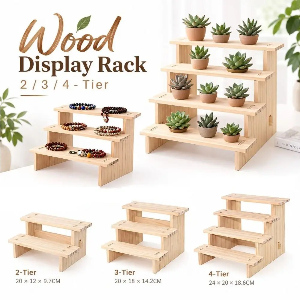2/3/4-Tier Wood Display Rack Tiered Structure Open Front Jewelry Display Stand Space Saving Easy to Install Plant Storage Rack
