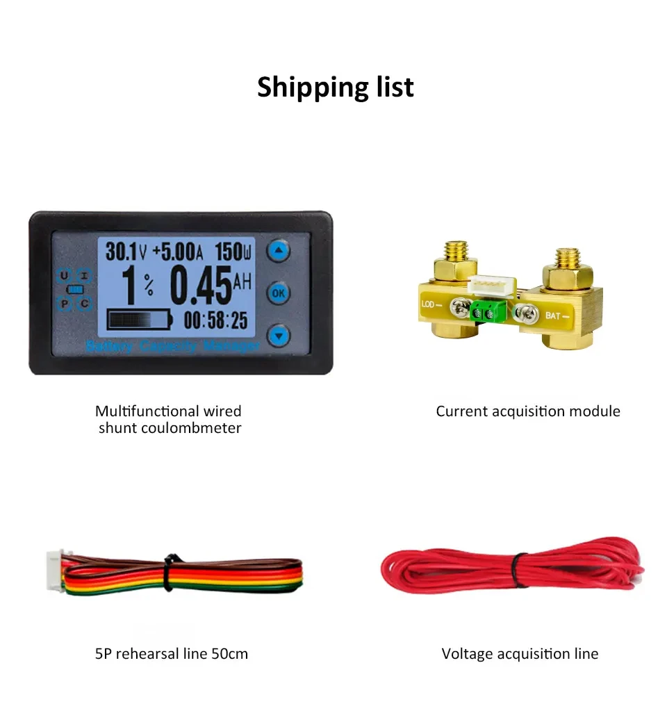 Kabelgebundener Shunt-Coulombmeter DC 8-120V 100/200/300/500A Energiemessgerät Batteriekapazitätstester Niederspannungsalarm LCD-Amperemeter Voltmeter – Detail 12