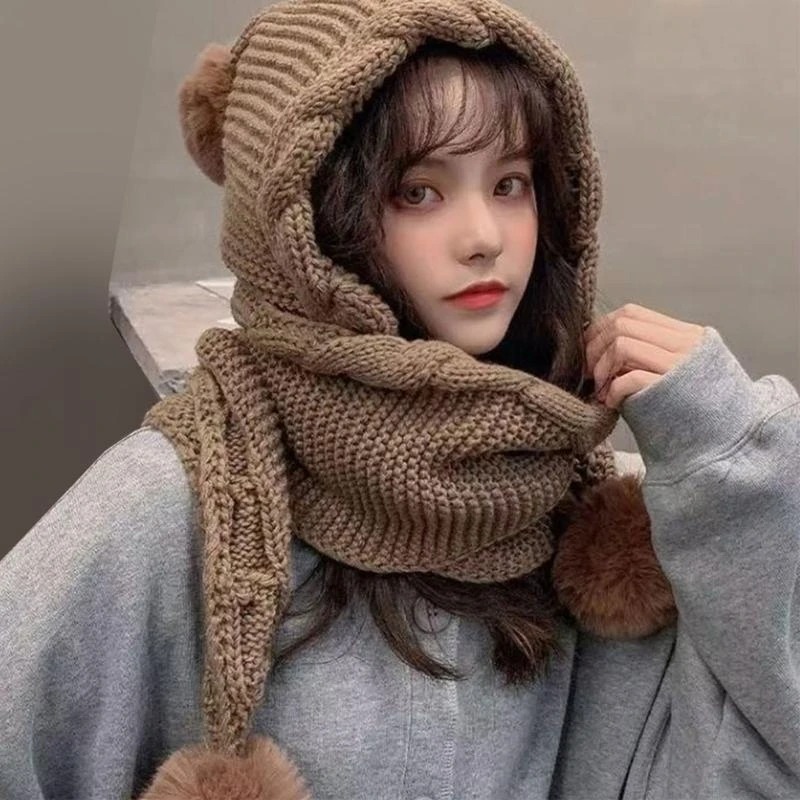 E15F 겨울 스카프 모자, 따뜻한 EarFlaps 및 여성용 장식용 폼폼 공 소녀