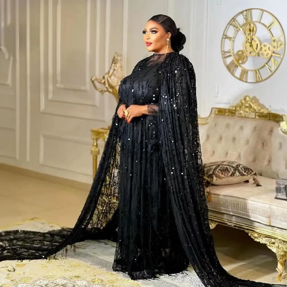 

2pcs African Sequin Evening Dresses for Women Cape Sleeve Cloak Party Gown Dashiki Ankara Wedding Robe with Inner Dress Kaftan