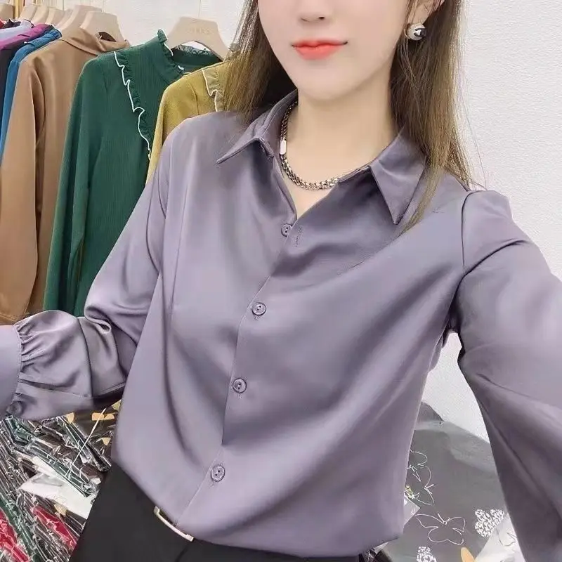 Office Lady Solid Color Long Sleeve Blouses Spring Autumn Turn-down Collar Patchwork Button High Gloss Satin Shirt for Women