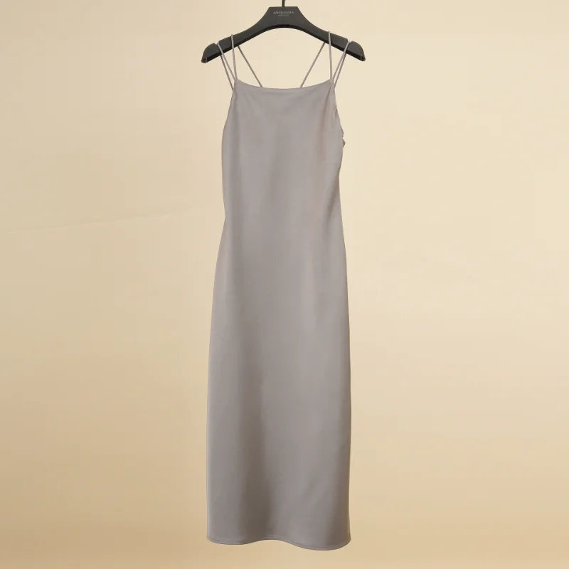 

High Quality Satin Drape Sleeveless Sling Dress Women Fashion Sexy Gray Elegant Party Wedding Slim French Chic Dress Summer